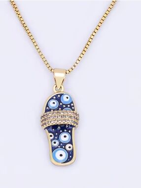 CZ Blue Evil Eye Mini Flip-Flop Gold Plated Pendant Chain Link Necklace Jewelry